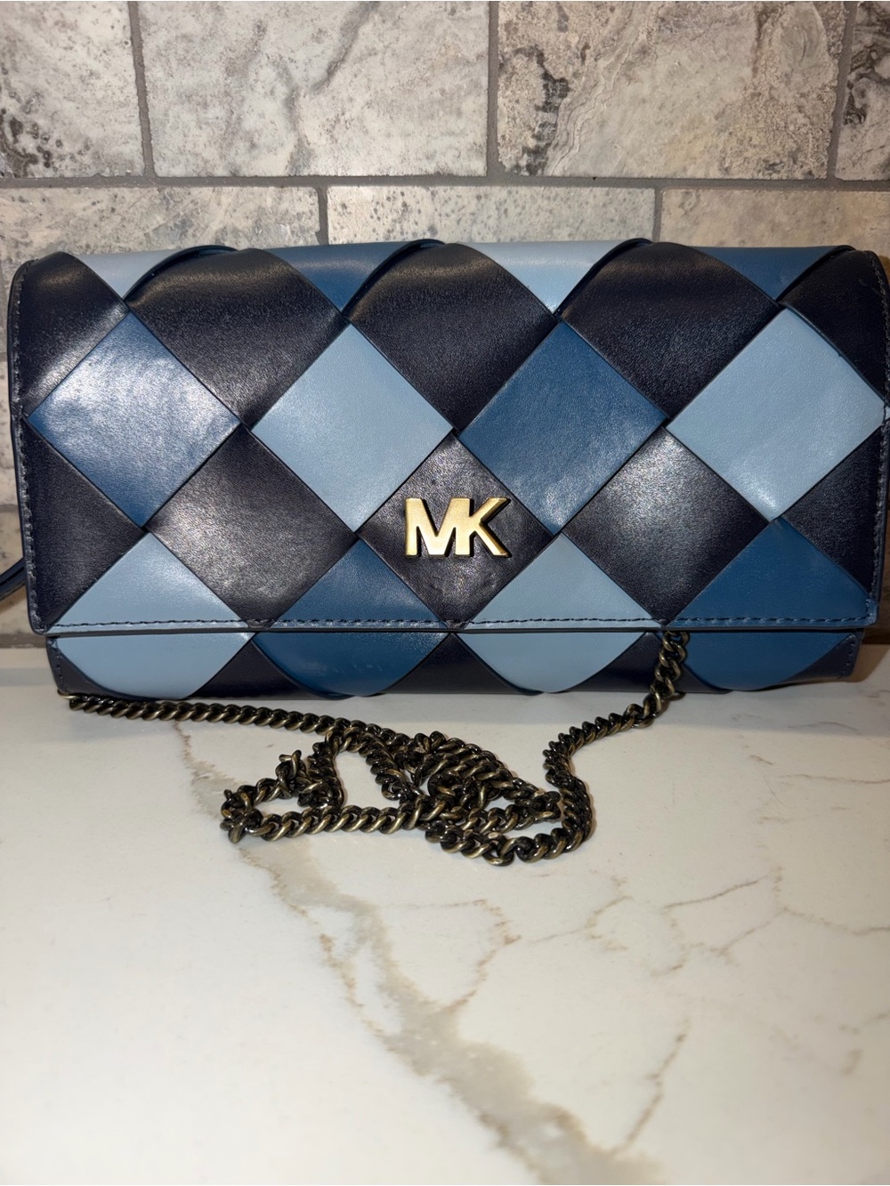 Michael Kors Mott East West Multi-Blue Woven Leather Chain Crossbody Bag